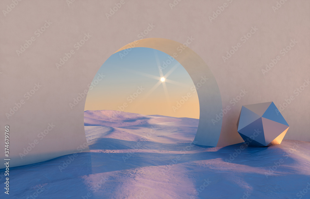 Poster abstract winter scene with geometrical forms, arch with a podium in natural light. surreal backgroun