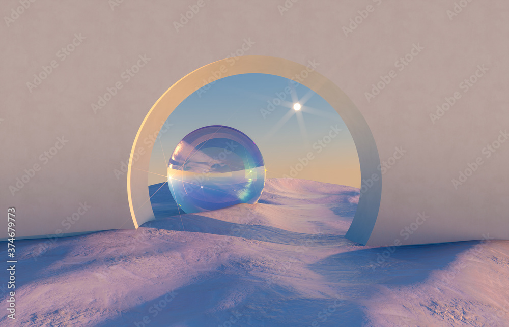 Poster Abstract winter scene with geometrical forms, arch with a podium in natural light. surreal background. 3D render.