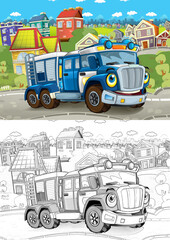 cartoon sketch funny looking policeman truck driving through the city