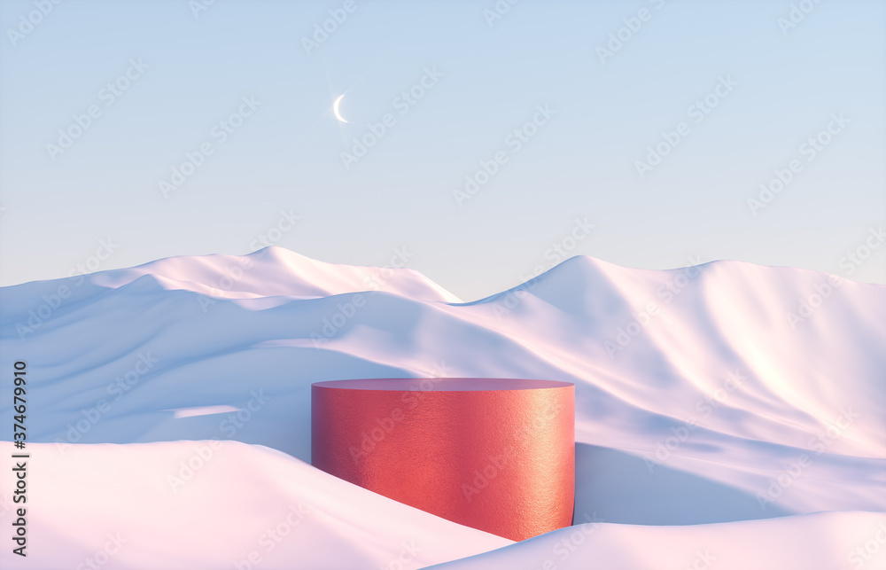 Poster abstract winter scene with geometrical forms, arch with a podium in natural light. surreal backgroun
