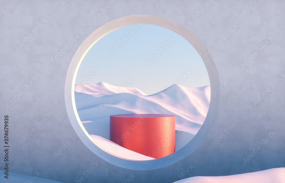Poster abstract winter scene with geometrical forms, arch with a podium in natural light. surreal backgroun