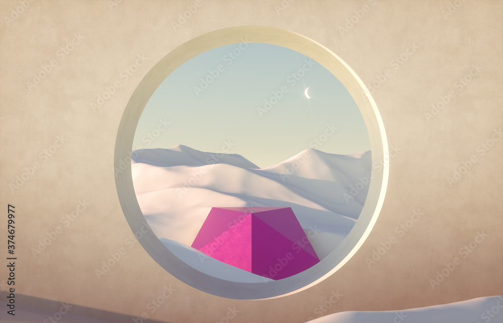 Poster Abstract winter scene with geometrical forms, arch with a podium in natural light. surreal background. 3D render.