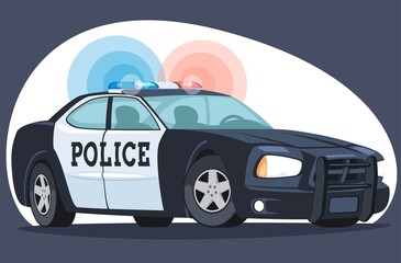 An isolated detailed image patrol police car. Cars with emergency lighting system, the main device of the police, in a cartoon style. Side front view. Vector illustration