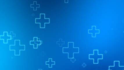 Medical health blue cross neon light shapes pattern background. Abstract healthcare technology and science concept.