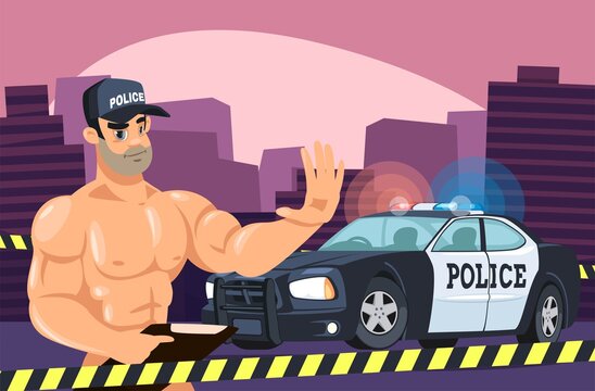 A sexy bodybuilder police officer guards a crime scene