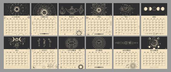 Monthly and weekly planner. magical image of cosmic bodies, stars, constellations, the sun and the moon. Retro vintage vintage style engraving. astrology and horoscope. Vector graphics