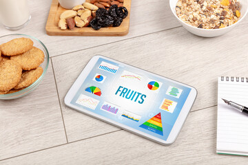 Organic food and tablet pc showing FRUITS inscription, healthy nutrition composition