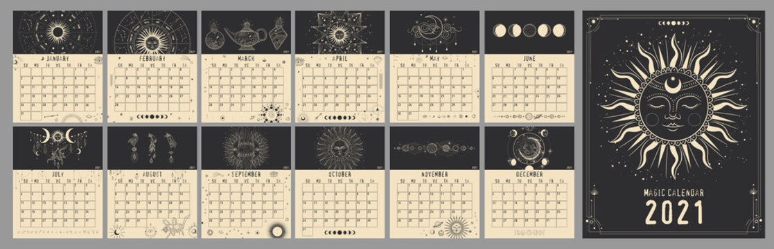 Monthly and weekly planner. magical image of cosmic bodies, stars, constellations, the sun and the moon. Retro vintage vintage style engraving. astrology and horoscope. Vector graphics