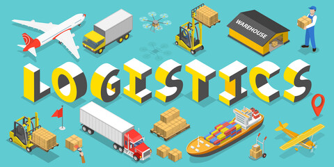 3D Isometric Flat Vector Conceptual Illustration of Global Logistics and Freight Transportation, Cargo Delivery Service.