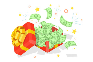 3D Isometric Flat Vector Illustration of Open Gift Box with Money.