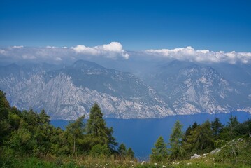 Panoramic view of Garda Lake from Altissimo Mount in a sunny day in spring