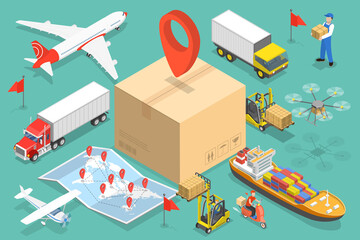 3D Isometric Flat Vector Conceptual Illustration of International Cargo Delivery, Logistics and Transportation. - obrazy, fototapety, plakaty