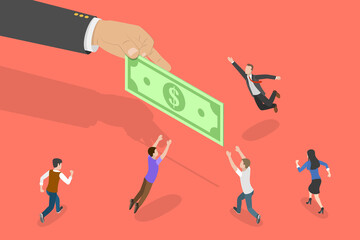 3D Isometric Flat Vector Conceptual Illustration of Chasing Money, People are Fighting for the Banknote Giving Them by a Big Hand.