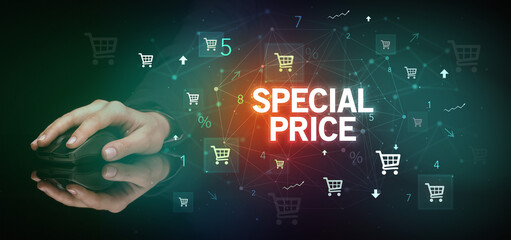 hand holding wireless peripheral with SPECIAL PRICE inscription, online shopping concept