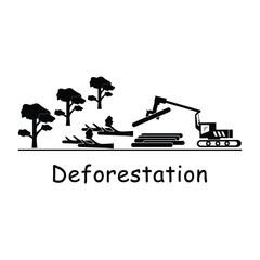Deforestation Logging. Pictogram depicting logger logging machine cutting down tress destroying environment deforestation logging. Black and white EPS Vector