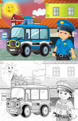 cartoon sketch scene with policeman and police truck in the city