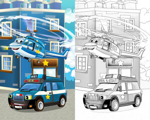 Cartoon sketch happy and funny police car and helicopter - illustration