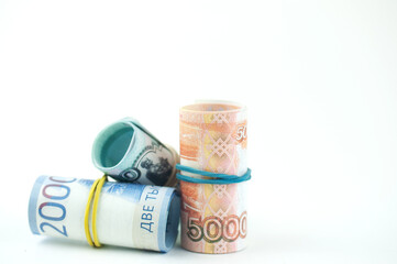 rolled up Russian money, the concept of savings and purchases
