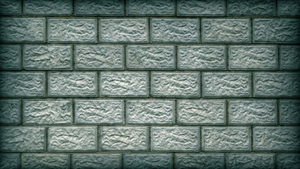 The wall of the building is made of concrete blocks. Aged blue and green tinted background or wallpaper with vignetting. Masonry pattern. Dark dramatic backdrop on the theme of housing construction