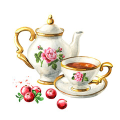 Teapot, cup of tea and Cranberry. Hand drawn watercolor illustration isolated on white background