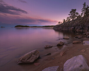 National Park Ladoga Skerries in the North of Russia in the Republic of Karelia. Long exposure on a summer evening at sunset