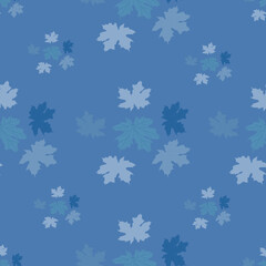 Seamless pattern of autumn blue leaves. Maple leaves of various sizes are scattered randomly over the background. For packaging and wrapping paper

