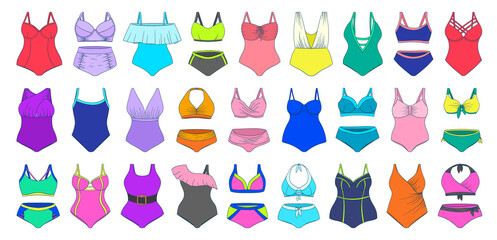 Swimming suits set. Doodle bikini collection. Plus size and curvey ladies swimsuits. Modern and classic style swimwear sketches. Swimwear fashion for all body types.