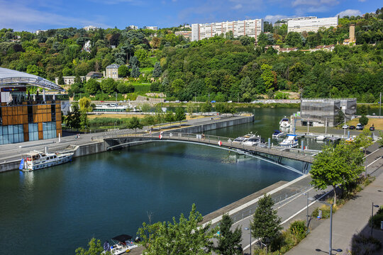 Picturesque view of Lyon Confluence. Confluence - Large, modern retail complex with stores, restaurants, move theater and plus waterfront views. LYON, FRANCE. July 26, 2020.