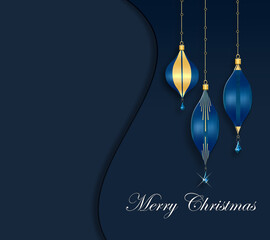 Elegant luxury greeting background for Christmas or 2021 New Year Event. Blue baubles with gold shiny decor on dark blue background. White text Merry Christmas. Mock up. Copy space. 3D illustration