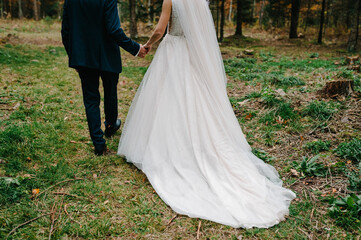 Fototapeta premium Wedding couple walking back in nature. Bride in a dress and groom go in a green forest. Down view.