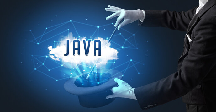 Magician is showing magic trick with JAVA abbreviation, modern tech concept