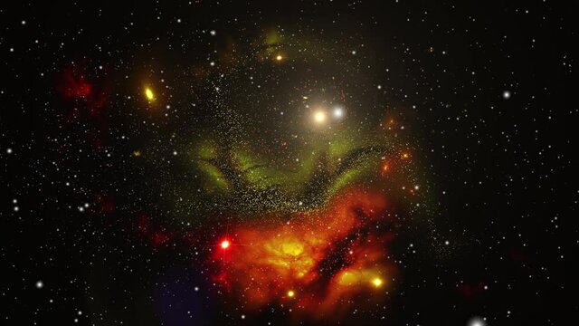 orange and green nebulae and stars moving around it, the universe