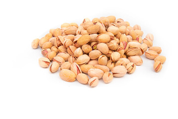 Sack with pistachios on white background