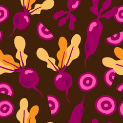 Seamless hand drawn beetroot vector pattern in cartoon style. Vegetable pattern. Bright beet background.
