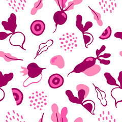 Seamless hand drawn beetroot vector pattern in cartoon style. Vegetable pattern. Bright beet background.