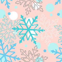 Fototapeta premium White and blue snowflakes on a pink background. Vector seamless pattern for festive design, Christmas wallpaper, banner, packaging, wrapper