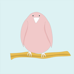 Pink bird on a branch on blue background.
