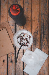 Top view ice coffee mocha on wooden table