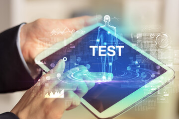 Electronic medical record with TEST inscription, Medical technology concept