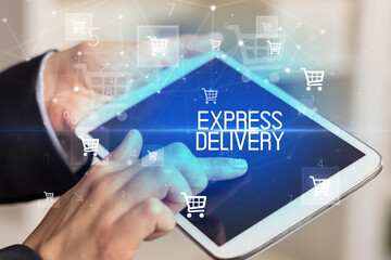 Young person makes a purchase through online shopping application with EXPRESS DELIVERY inscription