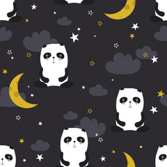 Pandas, hand drawn backdrop. Colorful seamless pattern with animals, moon, stars. Decorative cute wallpaper, good for printing. Overlapping colored background vector. Design illustration. Zzzz