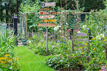 Barneveld, Netherlands- August 23, 2020: Cozy little garden with vegetables, colorful flowers,all...