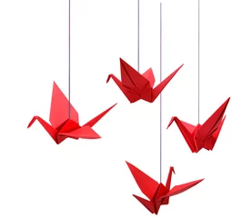 Fotobehang Kraanvogels Red origami paper cranes handing on with string  © hachut