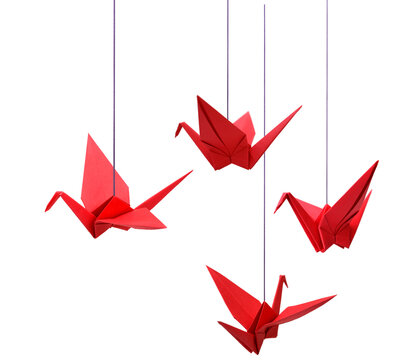 Red Origami Paper Cranes Flying Away From Hands Photo Photograph