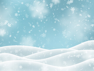 Falling snowflakes with snowdrifts, blur effect. Winter snowy background. Vector illustration.