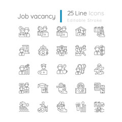 Job vacancy linear icons set. Work in company customizable thin line contour symbols. Corporate employment, company recruitment. Isolated vector outline illustrations. Editable stroke