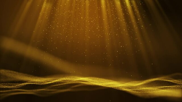 Dark Yellow Gold particle form abstract animation background with falling and flicker light beam ray particles. 3D Rendering.
