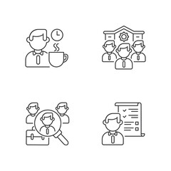 Fototapeta premium Recruitment linear icons set. Company personnel, coffee break, headhunting and professional demands. Customizable thin line contour symbols. Isolated vector outline illustrations. Editable stroke