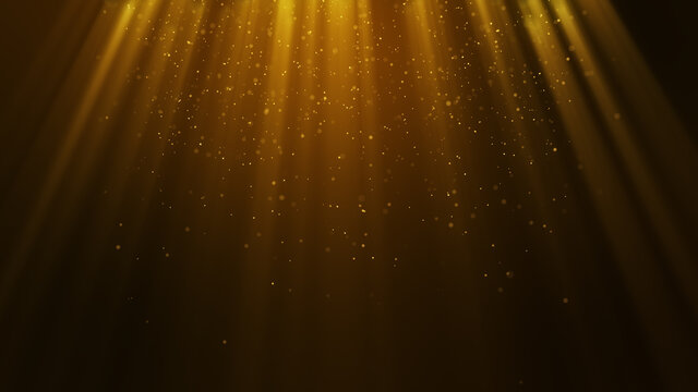 Dark Yellow Gold particle form abstract background with falling and flicker light beam ray particles.3D Rendering.