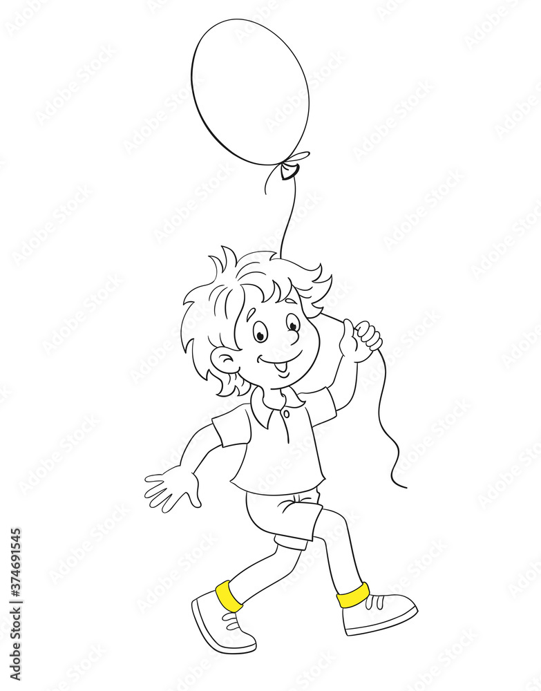 Wall mural Little funny boy runs with a big balloon in his hands. Black and white picture with yellow accent. In cartoon style. Isolated on white background. For coloring book. Vector illustration.